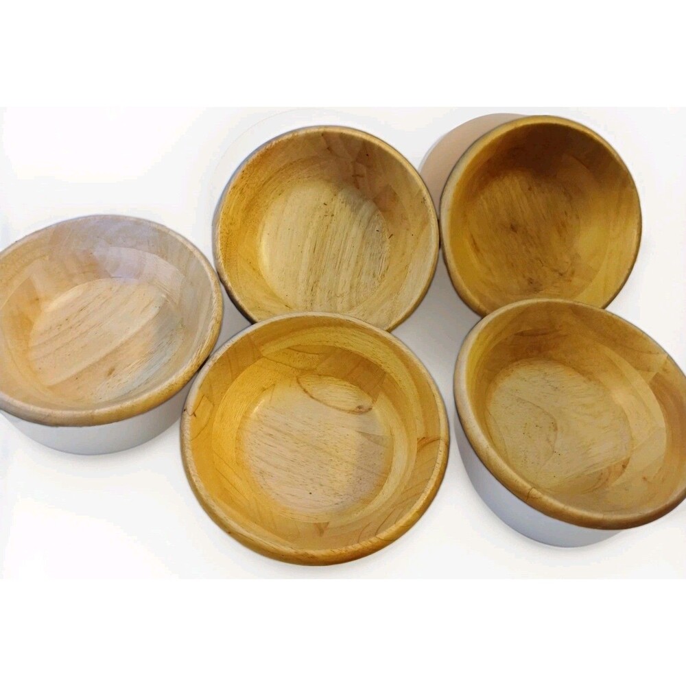 Vintage 7" Blonde Wooden Salad Bowl Set of 5 Unmarked Mid-Century Modern